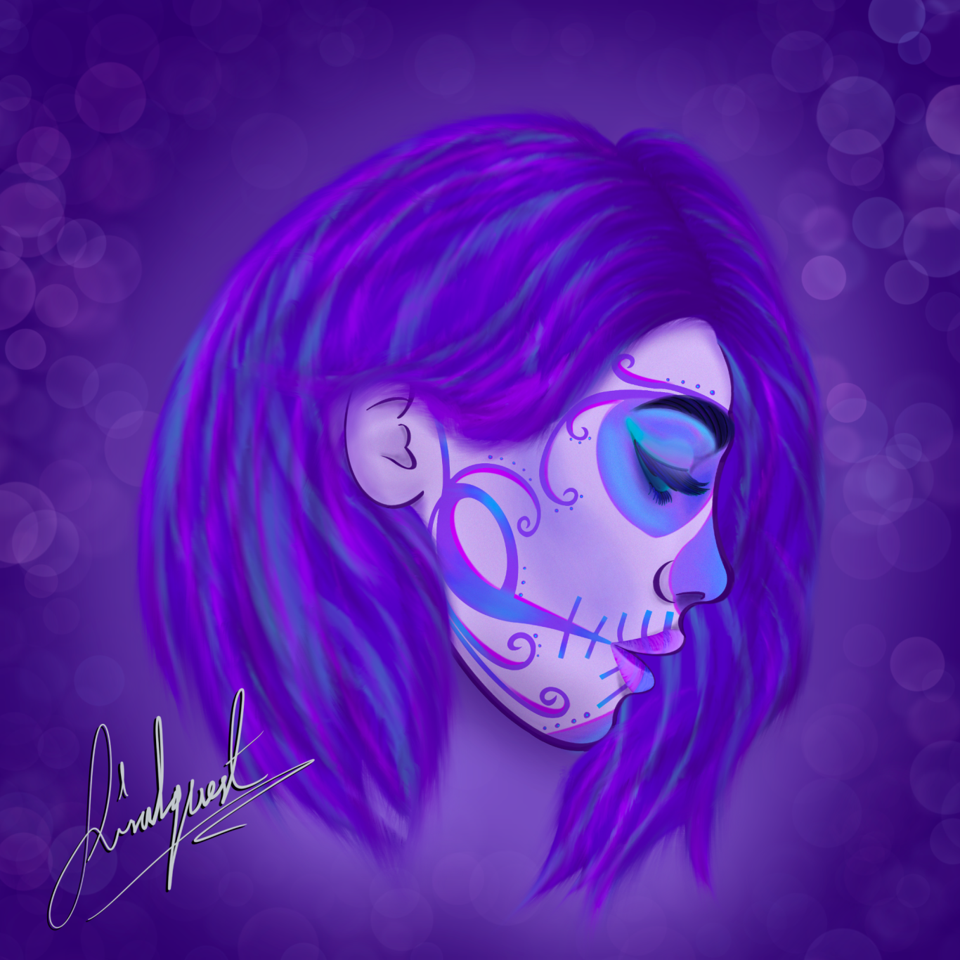 Stylised profile of a woman with purple hair and ornate day of the dead style face paint on a purple background.