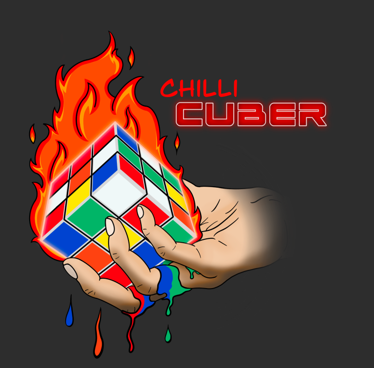 A hand holding a Rubik's Cube on fire melting through the fingers with colourful drips, titled "Chilli Cuber."