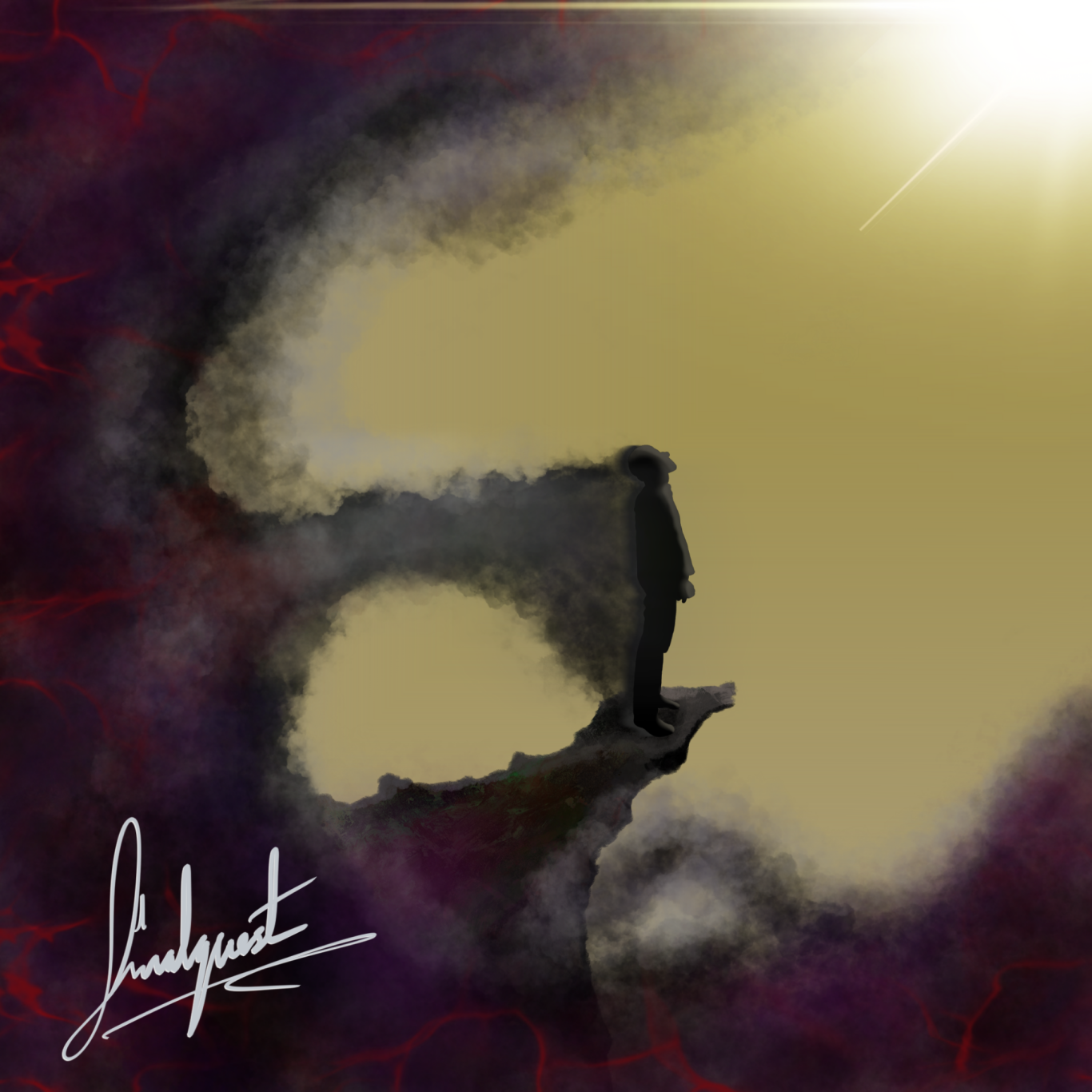 A solitary figure stands on a cliff, gazing towards a bright horizon through the darkness behind them.